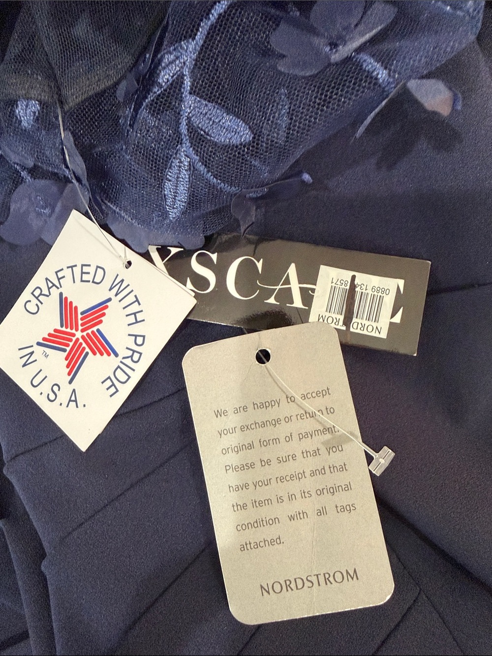 NWT XSCAPE Off-Shoulder Navy Evening Gown Floral Lace Sleeves Size 12 - Picture 12 of 14